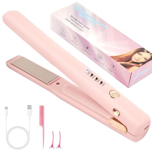 Image of Alaoo 2-in-1 Cordless Hair Straightener & Curler, 4 Temp Settings, Rechargeable Travel Straightener, Professional Salon at Home for All Hair Types, Pink
