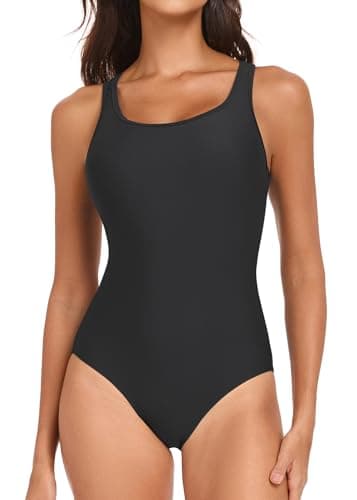 Image of Deewrichy One Piece Swimsuits for Women Sporty Racerback Scoop Neck Swimming Costume Padded Swimwear Black,L