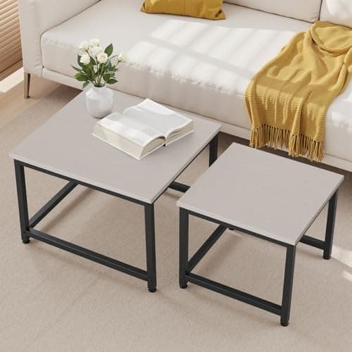 Image of Hawthyhome Square Coffee Tables, Nesting Coffee Table Set of 2, Modern Side Tables with Metal Frame, Industrial Stacking End Tables for Living Room Bedroom Office, 60 * 60 * 45cm, Creamy White