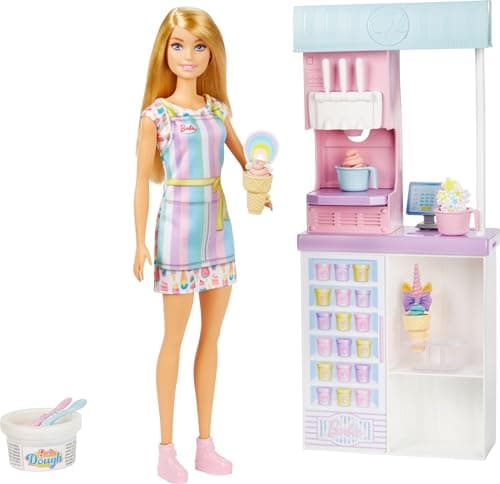 Image of Barbie Ice Cream Shop Playset with 12 in Blonde Doll, Ice Cream Making Feature, 2 Dough Containers, 2 Bowls, 2 Cones, and accesories, Gift for Ages 3 Years Old & Up, HCN46