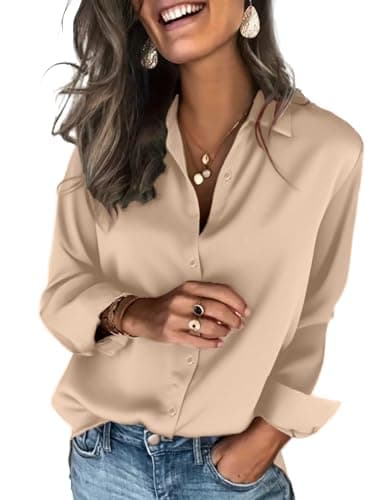 Image of Zeagoo Womens Satin Blouse V Neck Long Sleeve Shirts Elegant Button Down Blouses Classic Office Work Tops Casual Solid Color Light Brown XL