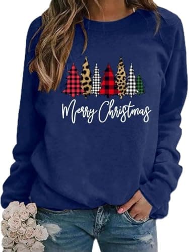 Image of WIEIYM Christmas Sweatshirt Women Chrtistmas Tree Graphic Print Jumper Long Sleeve T Shirt Unisex Pullover Causal Crewneck Tops for Women/Men S-XXL Blue