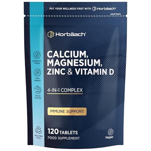 Image of Calcium Tablets with Magnesium Zinc and Vitamin D | 100% Vegan | High Strength Complex | 120 Count | Supplement for Women & Men | by Horbaach