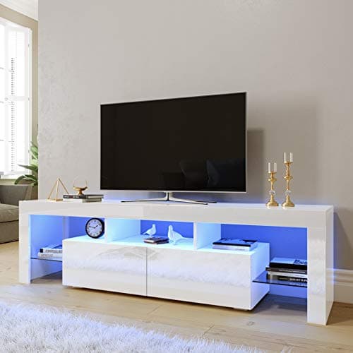 Image of ELEGANT Modern High gloss Color White TV Stand Cabinet with LED Light for 22"-65" Flat Screen 4k TVs/Living Room Bedroom Furniture Television Unit TV Cabinet with Shelves and Drawers (1600x350x450mm)
