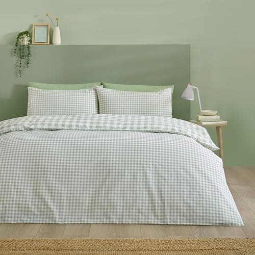 Image of Catherine Lansfield Bamford Gingham Check Reversible Double Duvet Cover Set with Pillowcases Green
