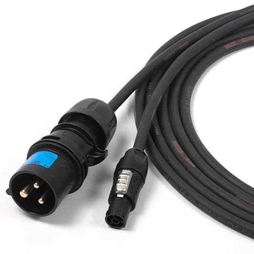 Image of designacable.com 5m - 16amp Plug to powerCON TRUE1 Cable - Handmade in the UK using 3x1.5mm H07RN-F Tough Rubber Mains Cable & 16amp PCE Shark 240v Ceeform Plug and 16 amp powerCON True1 Socket.