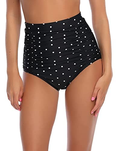 Image of Ocean Blues Women's Black Polka Dot High Waisted Bikini Bottoms Tummy Control Swimwear Ruched Beach Briefs Size Medium