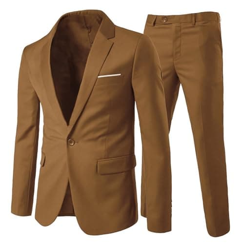Image of Allthemen Mens Suits 2 Piece Slim Fit Wedding Dress Suit One Button Business Suit Blazer Jackets Trousers Khaki L