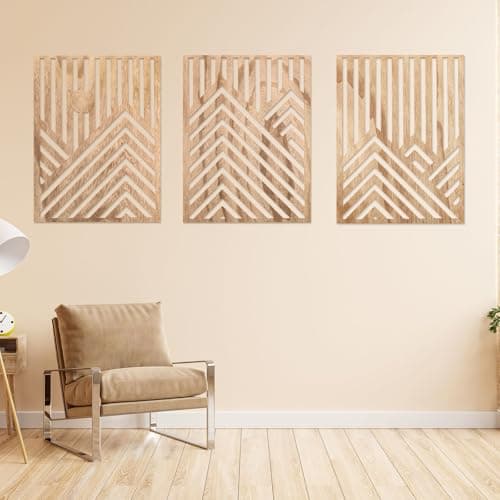 Image of Gatphy 3 Pcs Wood Mountain Wall Art Modern Wooden Wooden Wall Sculptures Mountain Wall Decor Abstract Line Minimalist Wall Art or Living Room Bedroom Farmhouse 32x42cm(Wooden)