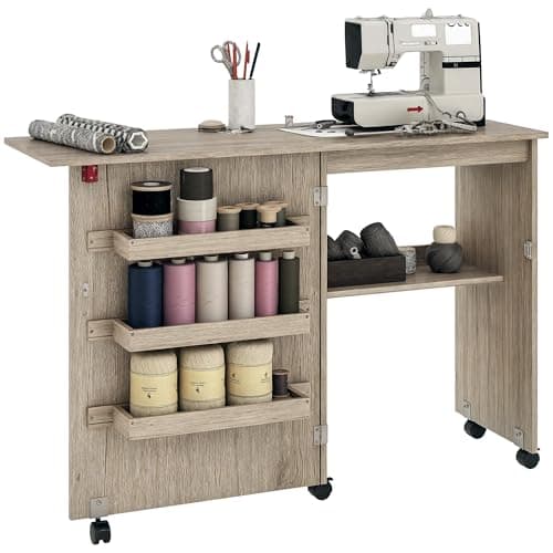 Image of HOMCOM Folding Sewing Table, Drop Leaf Craft Table with Storage Bins, Open Shelf and Wheels, Rolling Sewing Machine Cabinet Computer Desk for Small Space, Grey