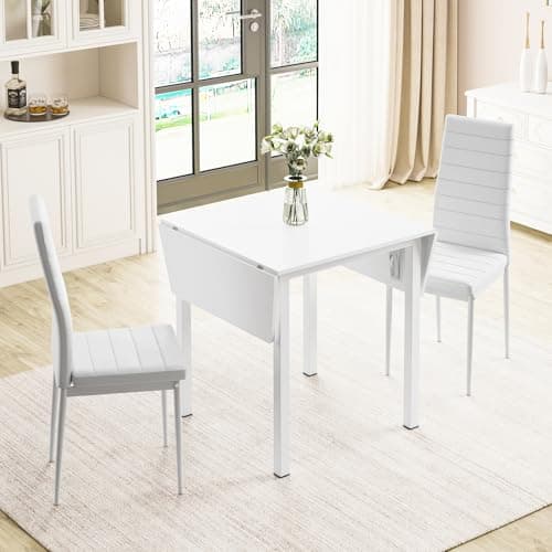 Image of JEFFORDOUTLET Dining Table and Chairs Set of 2, Drop Leaf Folding Kitchen Table With White PU Leather High Back Chairs for Dining Room,Kitchen