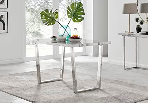 Image of Furniturebox UK Kylo 120cm 4 Seat Large White Marble Effect High Gloss Dining Table with U-Shape Silver Chrome Legs for a Modern Stylish Kitchen Table for Dining Room