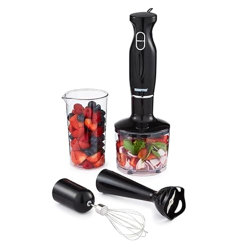 Image of Geepas 4-in-1 Hand Blender with Electric Whisk, 860ML Vegetable Chopper & 600ML Beaker | 200W Stick Blender, Soup Mixer, Hand Immersion blender| Mini Food Processor for Baby Food Soup Fruits Egg Whisk