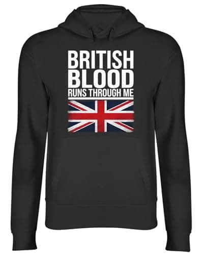 Image of Shopagift British Blood Runs Through Me Union Jack Britain Hoodie Unisex Hoody Hooded Top Black