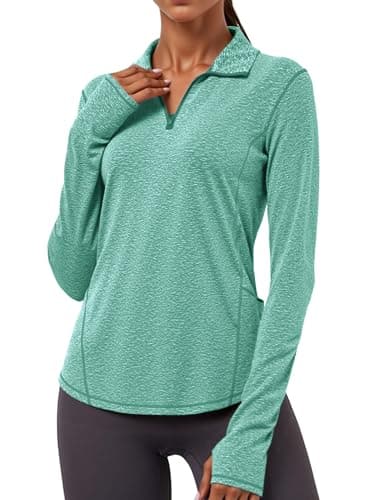 Image of Gyabnw Long Sleeve Sports Tops for Women Gym Yoga Running Workout Tops Half-Zip Activewear Fashion Clothes with Thumb Holes Green