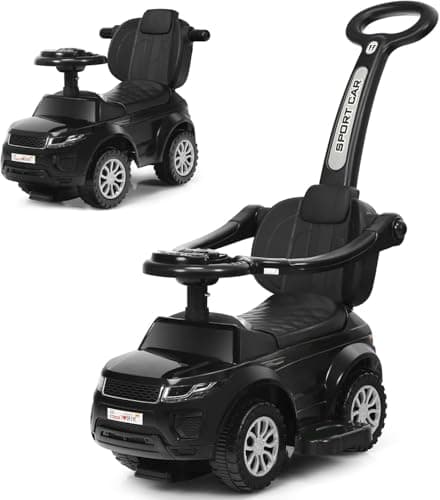 Image of GYMAX 3 in 1 Kids Ride on Push Car, Push Along Car with Handle, Guardrails, Lights, Horn & Music, Underneath Storage, Toddler Sliding Toy for 1-3 Years Old Boys Girls (Black)