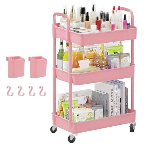 Image of Houbobo Storage Trolley on Wheels, 3-Tier Rolling Cart, Plastic Utility Cart - Easy Assembly, Storage Organizer for Kitchen Office Bathroom Laundry Room (Pink)