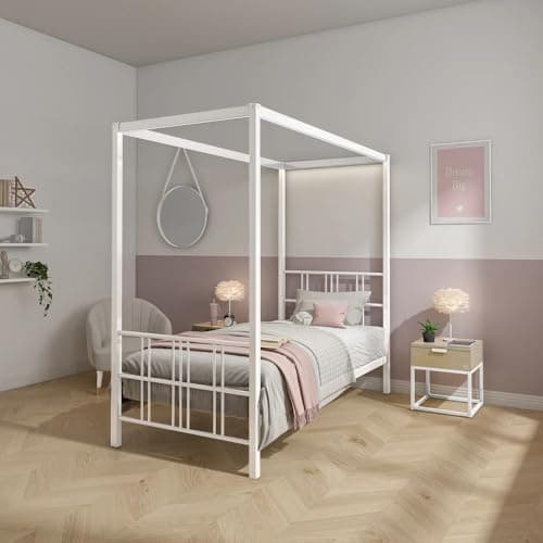 Image of X-Rocker FERN Four Poster Bed with LED Lighting, Single 3ft Bedstead, Metal Canopy Bed Frame, Sturdy 4 Poster Bed Frame with Headboard and Dimmable LED Lighting, 3 Light Settings XR LIVING - WHITE