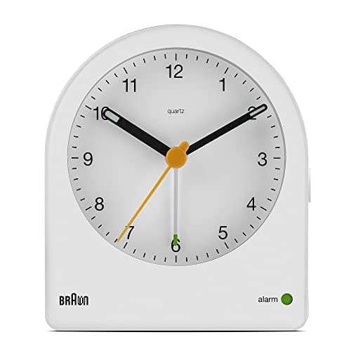 Image of Braun Classic Analogue Alarm Clock with Snooze and Continuous Backlight, Quiet Quartz Movement, Crescendo Beep Alarm in White, model BC22W.