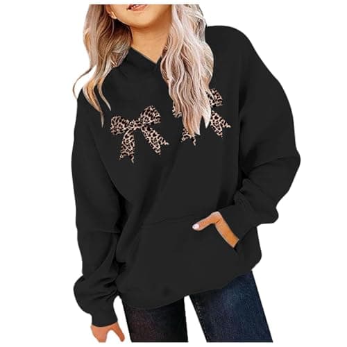 Image of SoLu DAY8 Hoodie Kids Girls Age 3-12 Years Trendy Graphic Leopard Bow Sweatshirt for Teen Girls Winter Long Sleeve Tops PuLover Cute Cartoon Comfy Casual Vacation Blouse (Black, 8-10 Years)