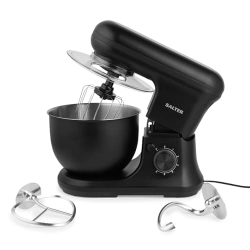 Image of Salter Kuro Stand Mixer – Electric Whisk with Removable Splash Guard, 6 Speed Settings with Pulse Function, 5L Stainless Steel Bowl with Whisk, Dough Hook, and Beater Attachments, 1200W, EK5620MBLK