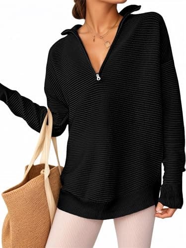 Image of Oyamiki Ladies Jumpers Long Sleeve Sweaters Stand Collar Sweatshirts Casual Black V Neck Pullover Quarter Zip Knit Autumn Clothing S