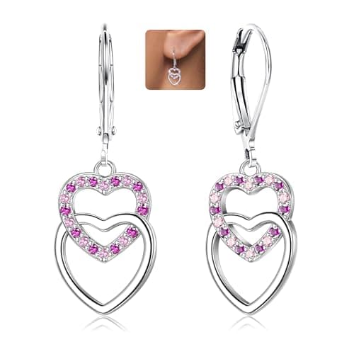 Image of LOLIAS 925 Sterling Silver Heart Dangle Earring for Women Girls Silver Hoop Earrings Multicolored Cubic Zirconia Drop Earrings Hypoallergenic Double Heart Huggie Hoops Earrings
