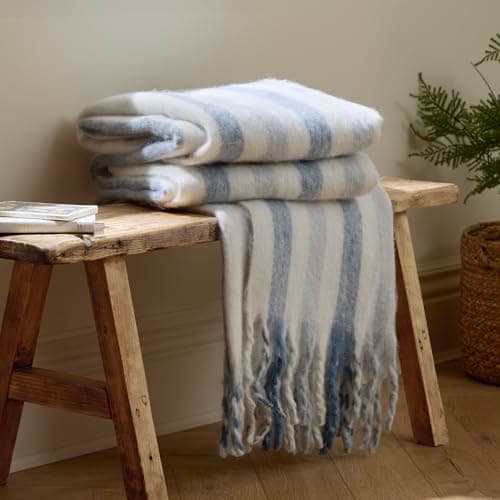 Image of furn. Wylder Beechwood Throw – Soft Fringe Woven Stripe Cotton Blanket (Sky Blue – 140x180cm)