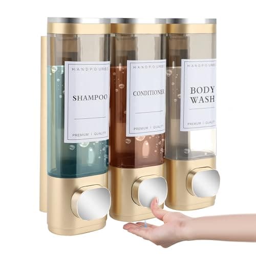 Image of MEKOTRIN Soap Dispenser, 3 Chamber Shampoo and Conditioner Dispenser, Wall Mounted Shower Gel Dispensers with Waterproof Labels for Bathroom Accessories (3 * 300ml, Gold)