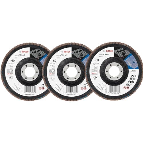 Image of Bosch 3-Piece Flap Sanding Discs Set X551 Export for Metal (for Steel, Cast Iron, Sheet Steel, Angled, Diameter 125 mm, Grit 40/60/80, Professional Accessories Angle Grinder)