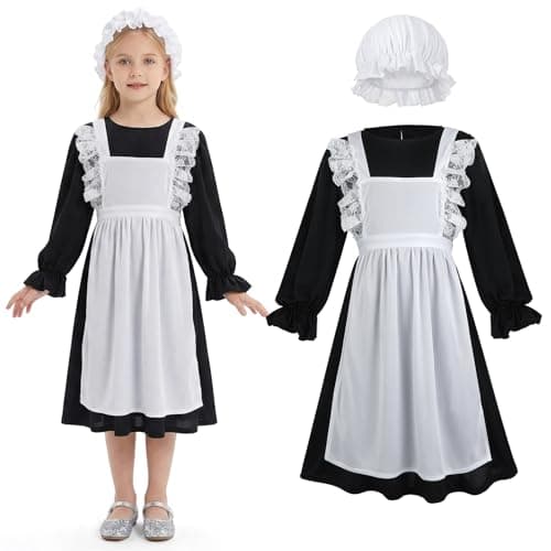 Image of GSrenyu Victorian Costume Girl Age 7-9, Victorian Maid Costume Dress With Mop Cap, Girl Outfit Fancy Dress Costumes For Party Cosplay, World Book Day(M)