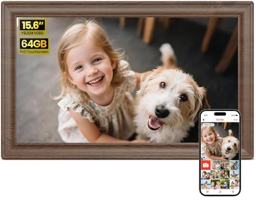 Image of 64GB 15.6" Frameo Digital Photo Frame WiFi Dark Wood - 1920 * 1080P FHD IPS Touch Screen Large Electronic Picture Frames, Auto Rotate, Wall Mountable, Sharing Photos and Videos