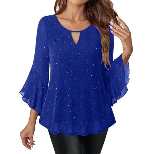 Image of Ladies Sparkly Tops - Women's Sequin Tops Going Out Keyhole Neck Sparkling Shiny Ruffle 3/4 Sleeve Blouses Chiffon Glitter Shirts Elegant Tee Tunic Top Flowy Evening Party Cocktail T-Shirt