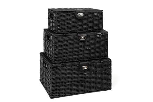 Image of Arpan Set of 3 Resin Woven Storage Basket Box with Lid & Lock (Black)