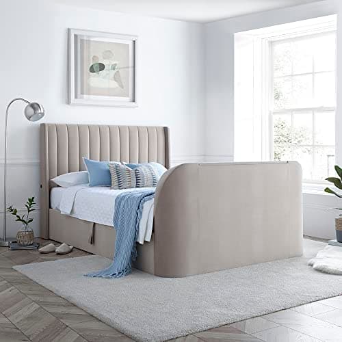 Image of happybeds Velvet TV Bed, Luther Warm Stone Velvet Ottoman Electric Media TV Bed, Double, King, Super King Size (Double)