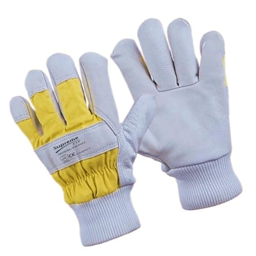 Image of SupremeTTF 10 Pairs Yellow Canadian Split Leather Rigger Gloves Knit Wrist Elastic Cuff General Handling Gardening Builders Constructions SIZE - XL/10