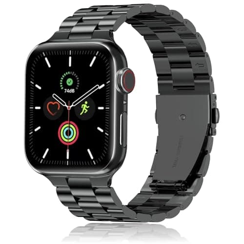 Image of QAZNZ Compatible with Apple Watch Strap 46mm 45mm 44mm 49mm 42mm (Series 3/2/1), Stainless Steel Metal Link Band for Men Women, Adjustable Business Replacement Bracelet with Folding Clasp(Black)