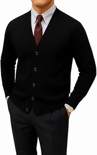 Image of Mens Plain Cardigans Sweater Warm Long Sleeve V-Neck Button Up Classic Knitted Jumper with Granddad Front Pockets Sizes S-5XL (UK, Alpha, 4XL, Regular, Regular, Black)
