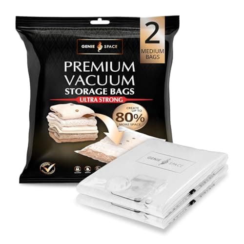 Image of GENIE SPACE Premium Vacuum Storage Bags for Clothes, Bedding and Travel, Medium Size 70x50cm, Airtight, Reusable and Odour-Proof Space Saver Bags with Double Seal, 2 Pack