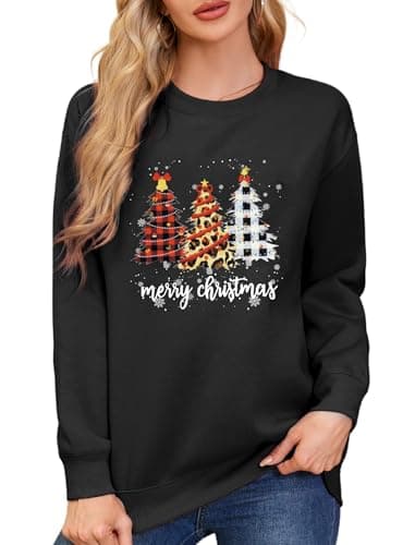 Image of Asoodiy Christmas Sweatshirts Women Xmas Top Ladies Merry Christmas Tree Printed Top Holiday Pullover Xmas Sweatshirts Black XL
