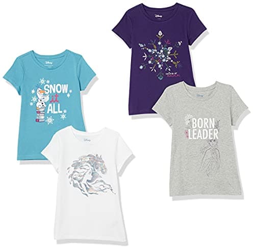 Image of Amazon Essentials Disney | Marvel | Star Wars | Frozen | Princess Girls' Short-Sleeve T-Shirts, Pack of 4, Blue/Frozen 2 Born Leader/Grey/Purple, 11-12 Years