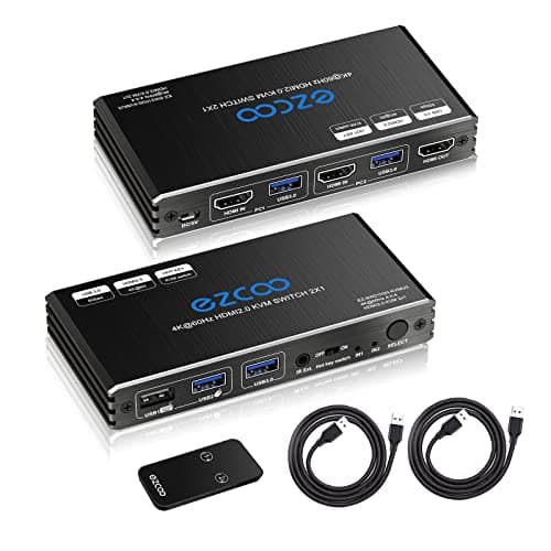 Image of KVM Switch HDMI USB 3.0 2 Ports with Hotkey 4K 60Hz Share 2 Computers with one Keyboard Mous HDR D-olby Vision HDCP2.2 Remote Control Wireless Keyboard and Mouse Connections USB3.0 Cable Included