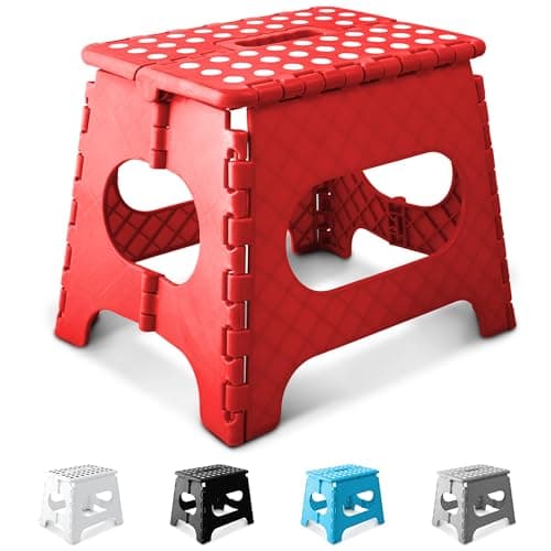 Image of KEPLIN 11 Inch Heavy Duty Folding Step Stool | Non-Slip Foldable Footstool for Toddlers, Children & Adults | Portable, Lightweight Plastic Footstep w/Carrying Handle for Indoor or Outdoor (Red)