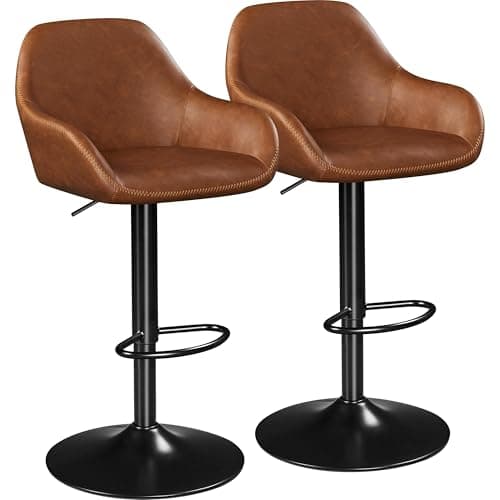 Image of Yaheetech Bar Stools Set of 2, Height Adjustable Swivel Barstools, PU Leather Upholstered Bar Chair with Backrest, Armrests and Footrest for Home Kitchen, Retro Brown