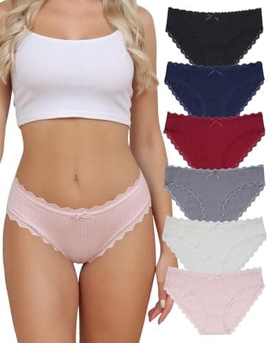 Image of Levao 6 Pack Cotton Underwear Women Lace Waistband Full Briefs Stretchy Ladies High Leg Knickers Soft Hipster Sexy Panties Multipack S-XXL