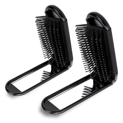 Image of 2 Pcs Foldable Hair Brush with Mirror Portable Travel Hair Brush Pocket Size Anti-static Mini Hairbrush Small Compact Massage Comb Hair Styling Tools for Women Girls Home Travel Gym Purse (Black)