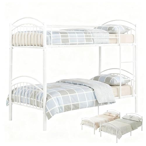 Image of Panana Metal Single Bunk Bed Twin Sleeper Frame 3FT with Ladder Bedroom Steel Bedstead for Kids Teenagers Adult,Can split into 2pcs 3FT Beds (White)