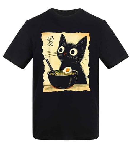 Image of Black Cat Eating Ramen Noodles – Cute Japanese Style Humor Adults T-Shirt