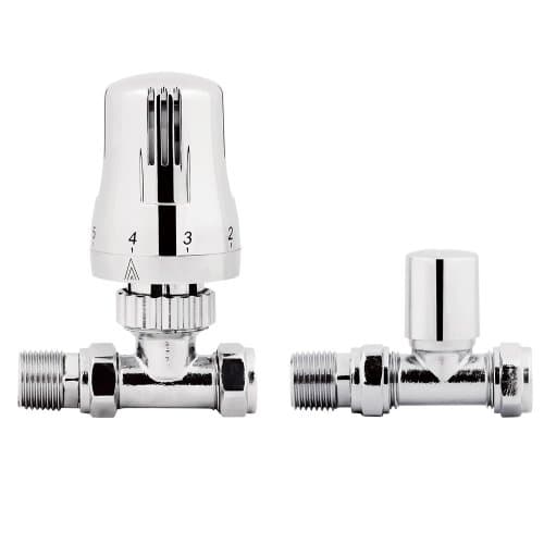 Image of iBathUK Essence Straight Round Thermostatic Radiator Valve with Lockshield, Durable Universal Fit Valves for Radiators, Panel & Towel Compatible in Chrome, 15mm