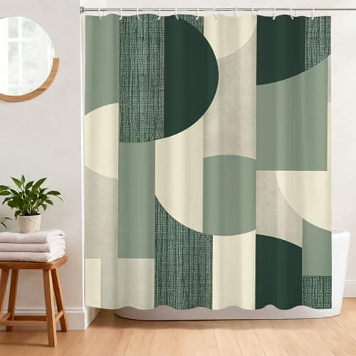 Image of BREASOME Shower Curtain 180 x 180 cm Morandi Green Geometric Shower Curtain for Bathroom Decor Mould Proof Waterproof Polyester Fabric Bath Curtain with 12 Hooks